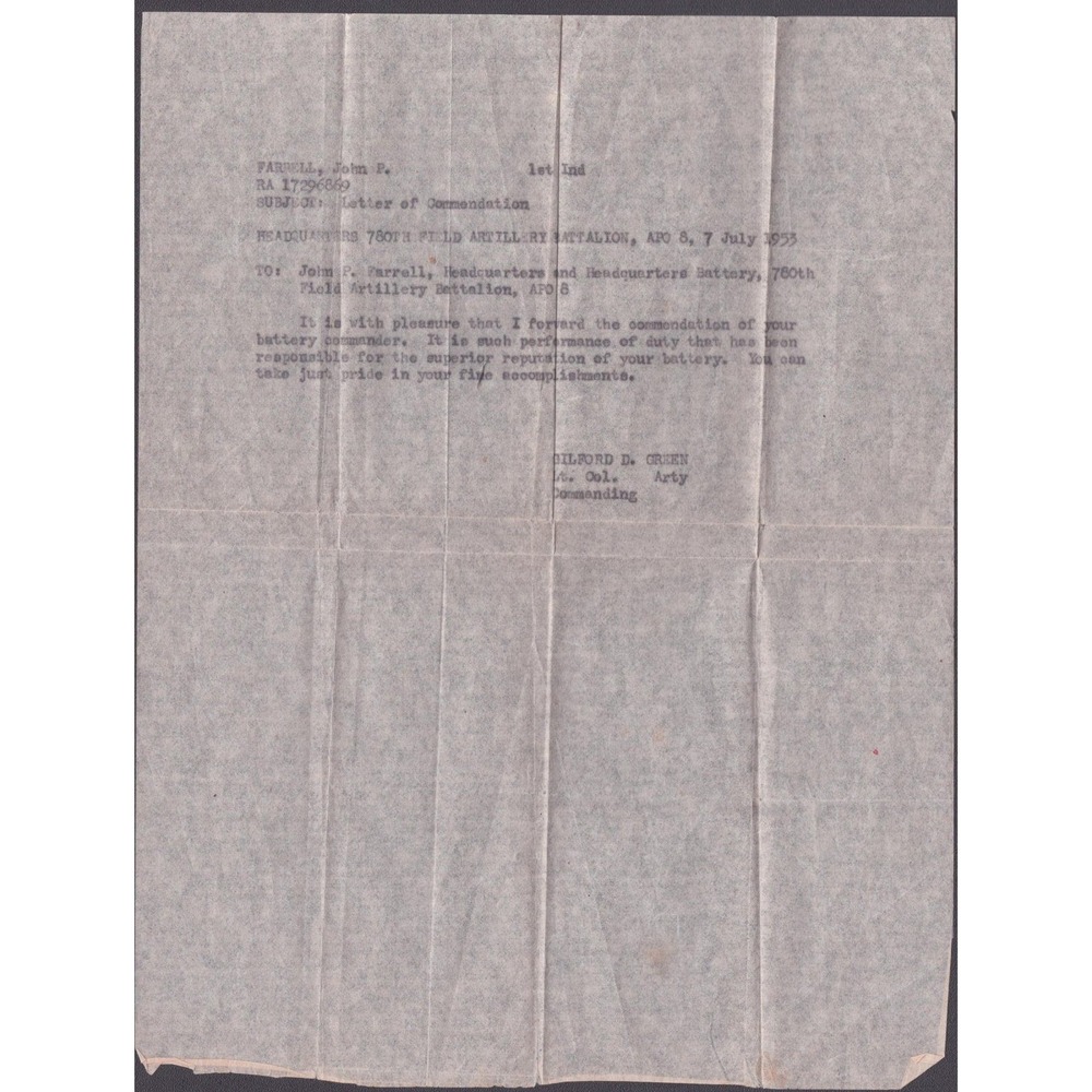 1953 Letter of Commendation John P Farrell 780th Field Artillery Battalion